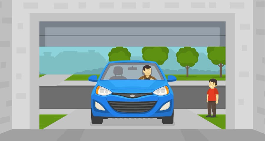 Illustration of a homeowner driving into his garage with a child waiting nearby.